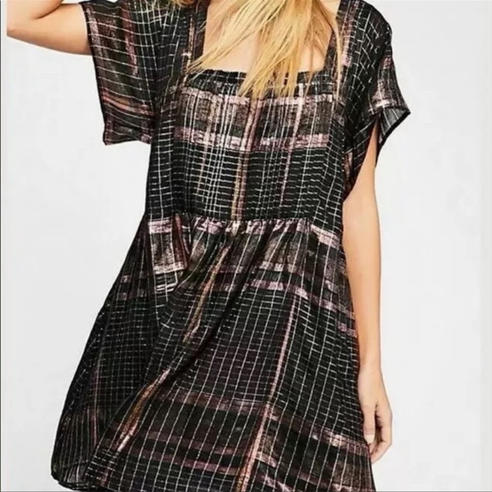 Free People Barcelona Plaid Mini Dress Tunic Black Copper Shimmer Metallic EUC S